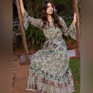 NWT OLIPHANTDESIGN Oliphant Ruffle Collar Bell Maxi Dress MATERA GREEN Floral S